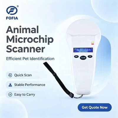 FOFIA Durable White RFID Handheld Reader with 128x32 OLED Screen and ISO11784/5 Protocol for 10-20 cm Reading Distance