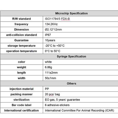 Durable Fofia New Hot Selling RFID 134.2kHz PP Material Dog ID Microchip Waterproof Farm Use Pet Injection 1.5 Year Ear Tag