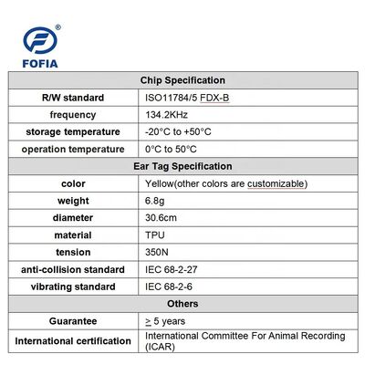 New Waterproof Fofia Full ICAR Certified ET908 Yellow RFID TPU Cow Ear Tag 1.5 Year Warranty Animal Tracking for Pig & Sheep