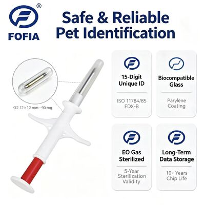 Waterproof Fofia New ICAR Certified RFID 134.2kHz PP Animal ID Microchip Model ZS006 Blue/Red 1.5 Year Warranty Pets Cat Dog Use