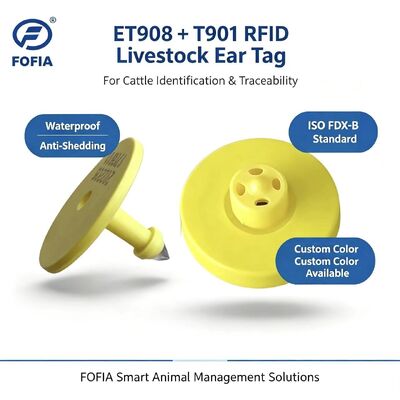 New Waterproof Fofia Full ICAR Certified ET908 Yellow RFID TPU Cow Ear Tag 1.5 Year Warranty Laser Coding Animal Pig Sheep