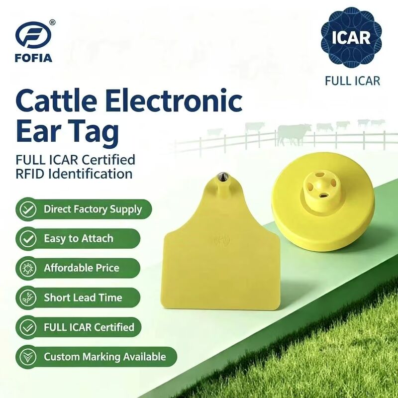 FOFIA New Full ICAR Durable Waterproof RFID TPU Yellow Animal Ear Tags ET908+T905 EM4305 Chips 5 Year Warranty Cattle 14.5mm