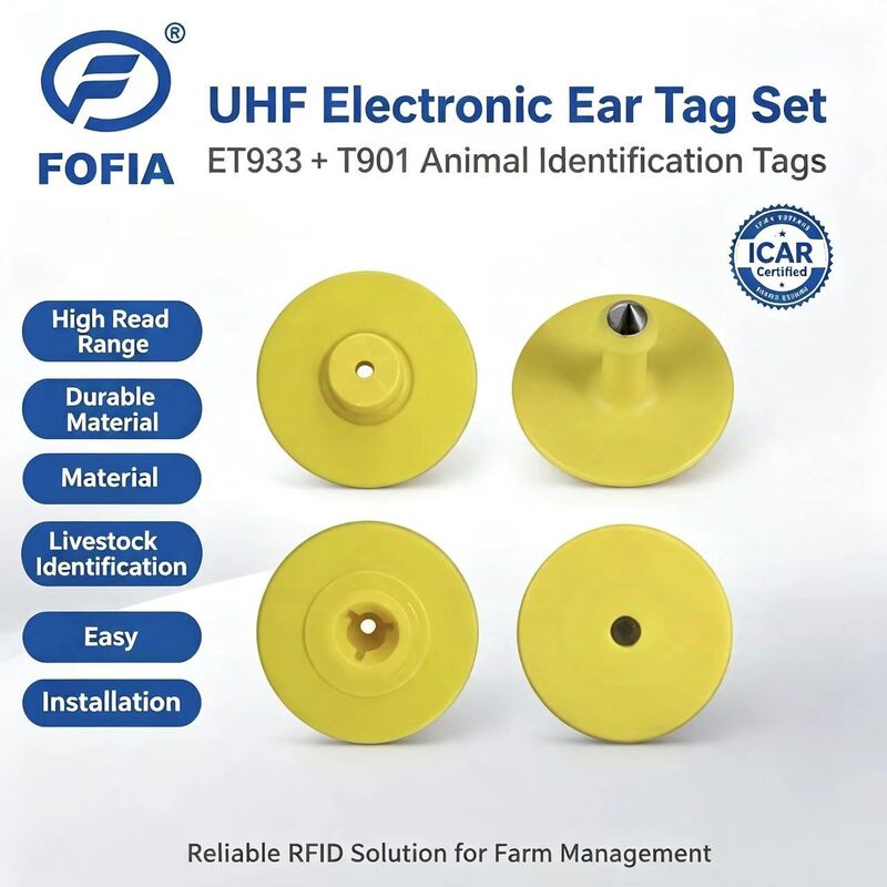 New UHF Electronic Waterproof RFID TPU 5.7mm Yellow Animal Ear Tags ET933+T901 Chips 5 Year Warranty Fofia Cattle Use Made