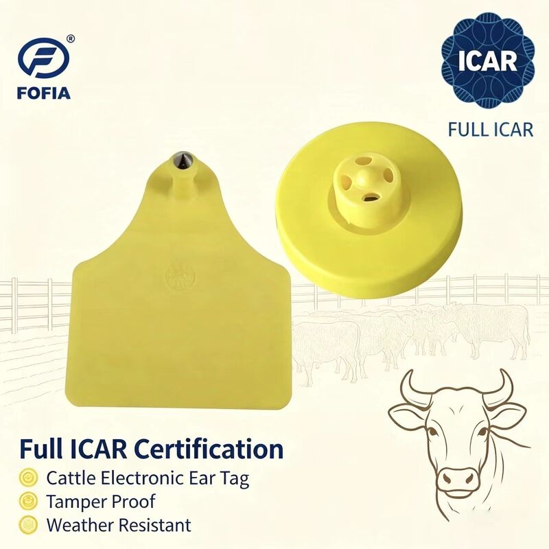 FOFIA New Full ICAR Durable Waterproof RFID TPU Yellow Ear Tags LF ET908+T905 Farm Chips 5-Year Warranty Cattle 14.5mm