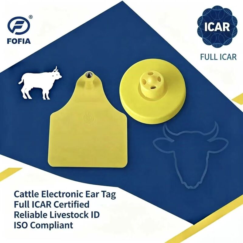 FOFIA New Full ICAR Durable Waterproof RFID TPU Yellow Ear Tags ET908+T905 Farm Chips 5-Year Warranty Cattle 14.5mm