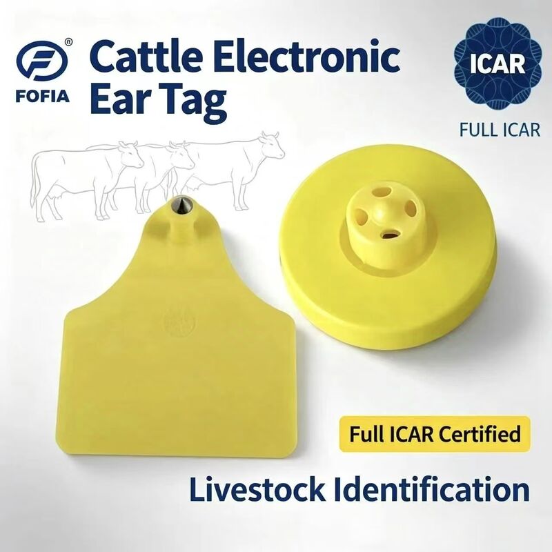 New FOFIA Full ICAR LF Durable Waterproof RFID TPU Yellow Cow Pig Sheep Ear Tags ET908+T905 EM4305 Chips 5 Year Warranty 14.5mm