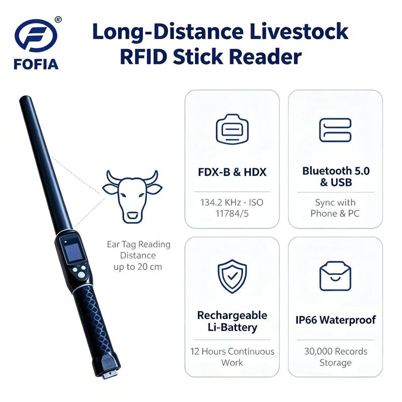 Durable Waterproof Long Range 134.2kHz RFID Ear Tag Reader ISO11784/5 Protocol 30-100cm Reading Distance PVC Material Cards