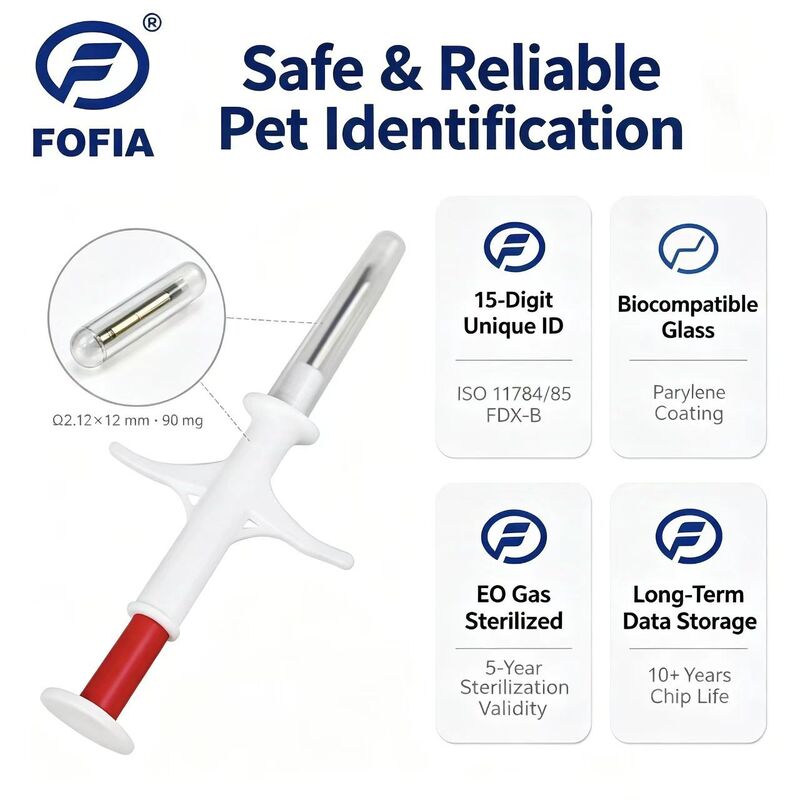 Waterproof Fofia New ICAR Certified RFID 134.2kHz PP Animal ID Microchip Model ZS006 Blue/Red 1.5 Year Warranty Pets Cat Dog Use